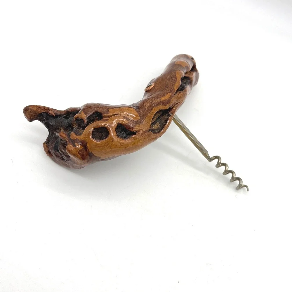 Vintage Handcrafted Gnarled Burl Wood Handle Corkscrew Rustic Wine Bottle Opener